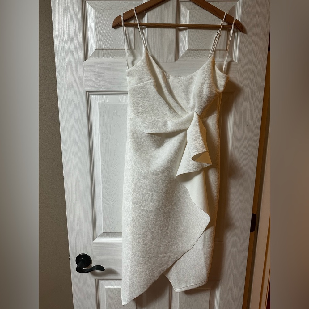 Selfie Leslie Tesla Cami Strap Asymmetrical Knee Length Dress White, size 12AUS